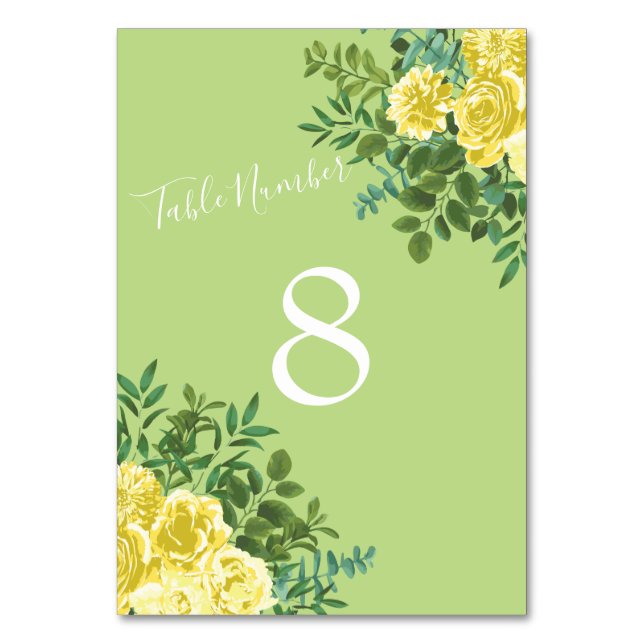 Yellow & Green Spring Rose Vintage Wedding Table Number (Back)