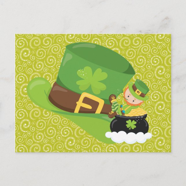 Yellow Green Swirls Green Hat Leprechaun Postcard (Front)
