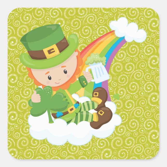 Yellow Green Swirls Leprechaun and Rainbow Sticker (Front)