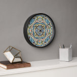 Yellow Green Teal Blue Orange Hip Bohemian Art Clock<br><div class="desc">Beautiful contemporary orange, yellow, teal blue and ochre brown Batik mosaic pattern. Decorative motif available on a variety of stylish products and matching home décor accents and accessories. An original design for the interior decorator or those who love decorating their master or children's bedroom, nursery, living or family room, woman...</div>