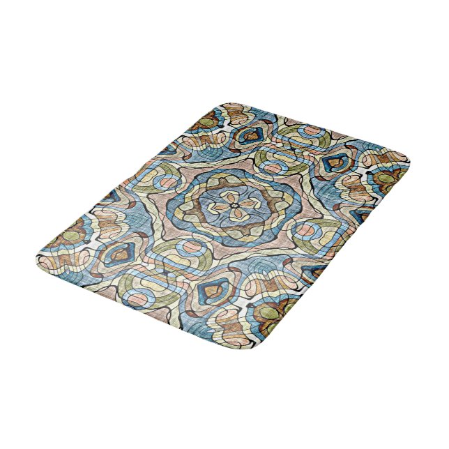 Yellow Green Teal Blue Orange Tribal Art Bath Mat (Angled)