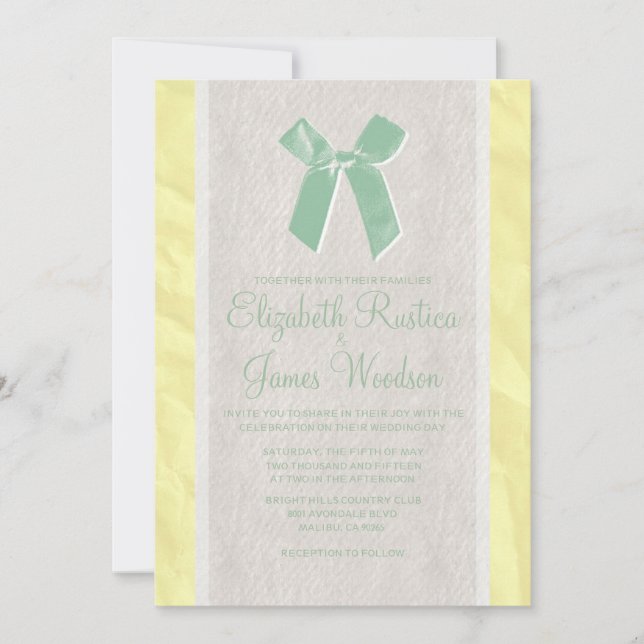 Yellow Green Vintage Bow Linen Wedding Invitations (Front)
