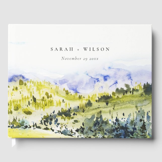 Yellow Green Watercolor Countryside Hills Wedding Guest Book (Front)
