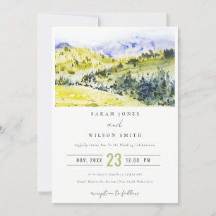 Yellow Green Watercolor Countryside Hills Wedding Invitation