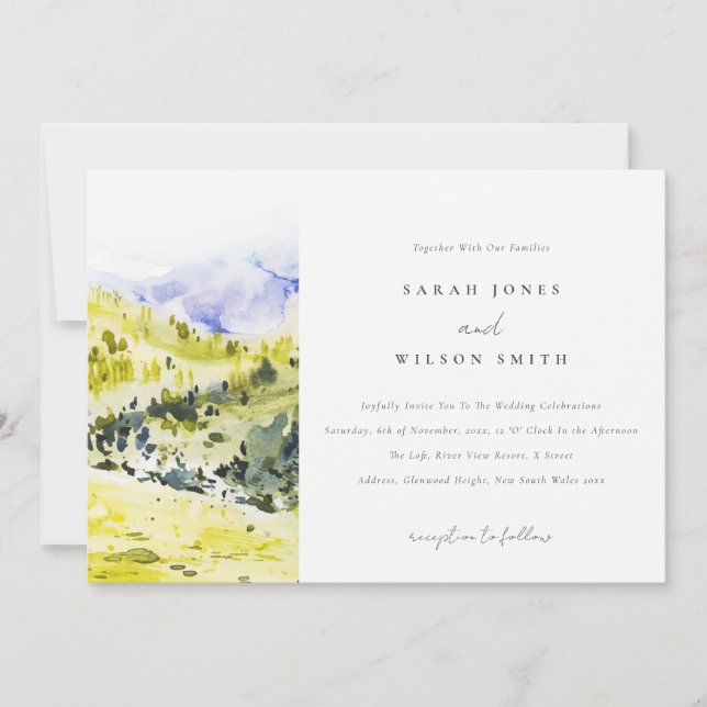 Yellow Green Watercolor Countryside Hills Wedding Invitation (Front)