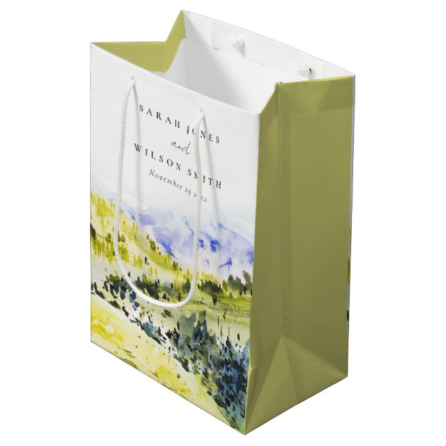 Yellow Green Watercolor Countryside Hills Wedding  Medium Gift Bag (Front Angled)