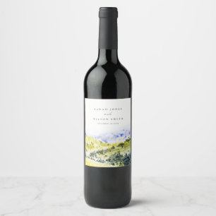 Yellow Green Watercolor Countryside Hills Wedding Wine Label