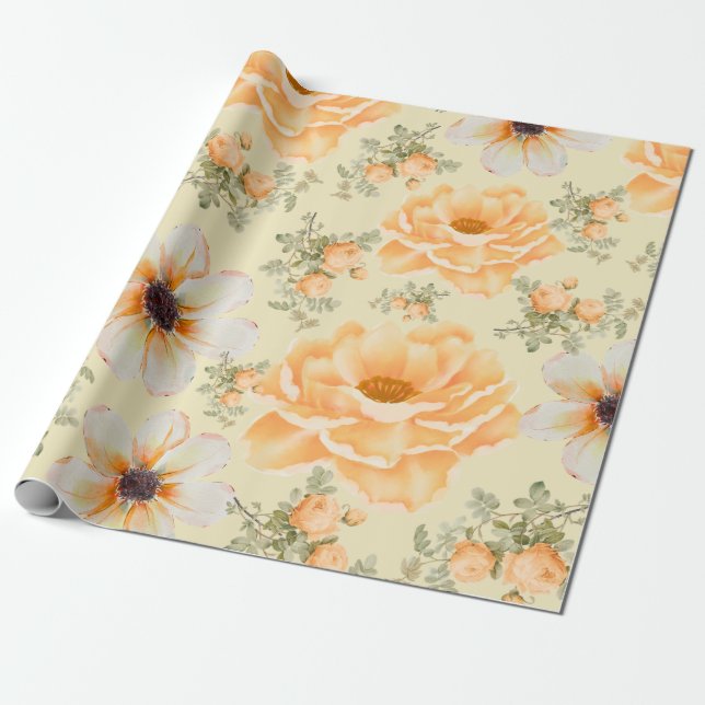 Yellow Green Watercolor Floral  Wrapping Paper (Unrolled)