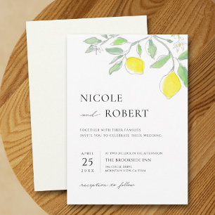 Yellow Green Watercolor Lemons and Leaves Wedding  Invitation