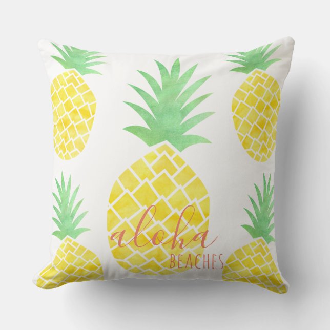 Yellow & Green Watercolor Pineapple Aloha Beaches Cushion (Front)