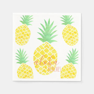 Yellow & Green Watercolor Pineapple Aloha Beaches Napkin