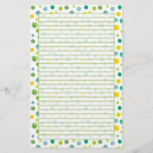 Yellow Green Watercolor Polka Dots Lined Stationery
