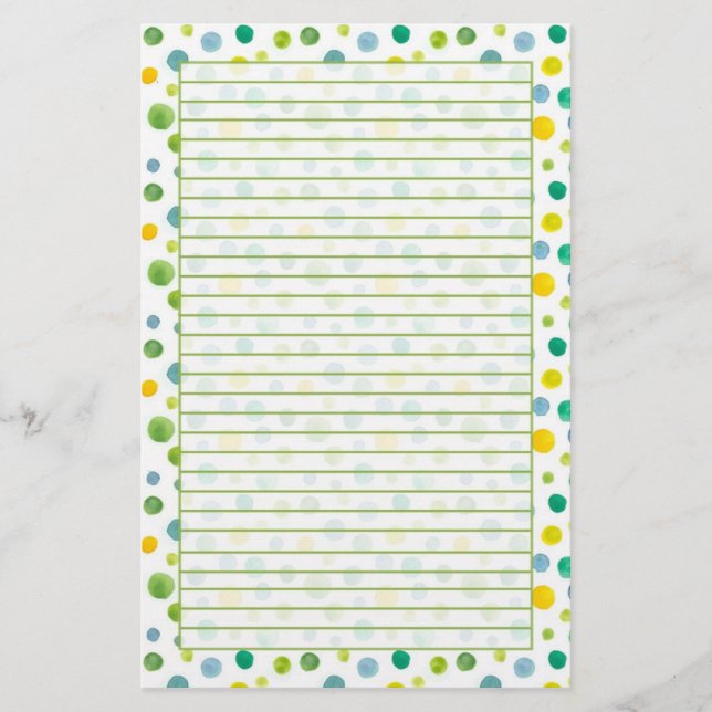 Yellow Green Watercolor Polka Dots Lined Stationery (Front)