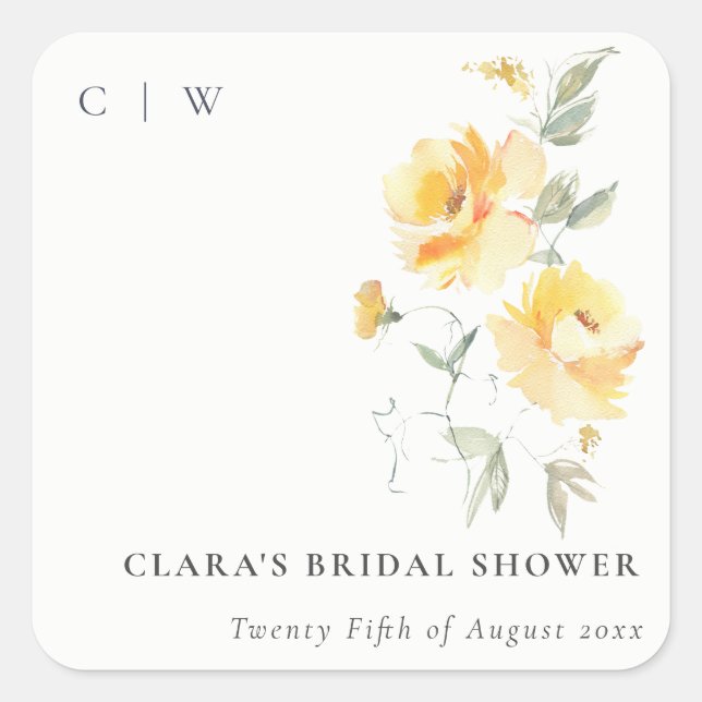 Yellow Green Watercolor Rose Flower Bridal Shower Square Sticker (Front)