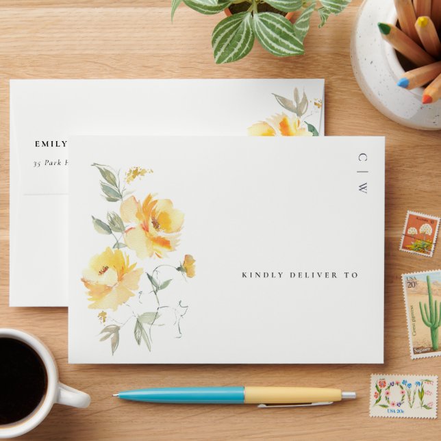 Yellow Green Watercolor Rose Flower Bunch Wedding Envelope (Desk)
