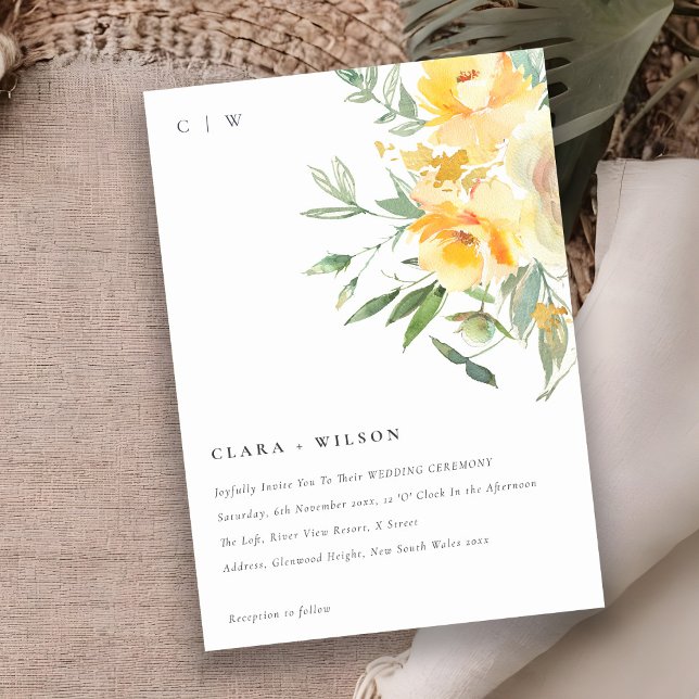 Yellow Green Watercolor Rose Flower Bunch Wedding Invitation (Creator Uploaded)