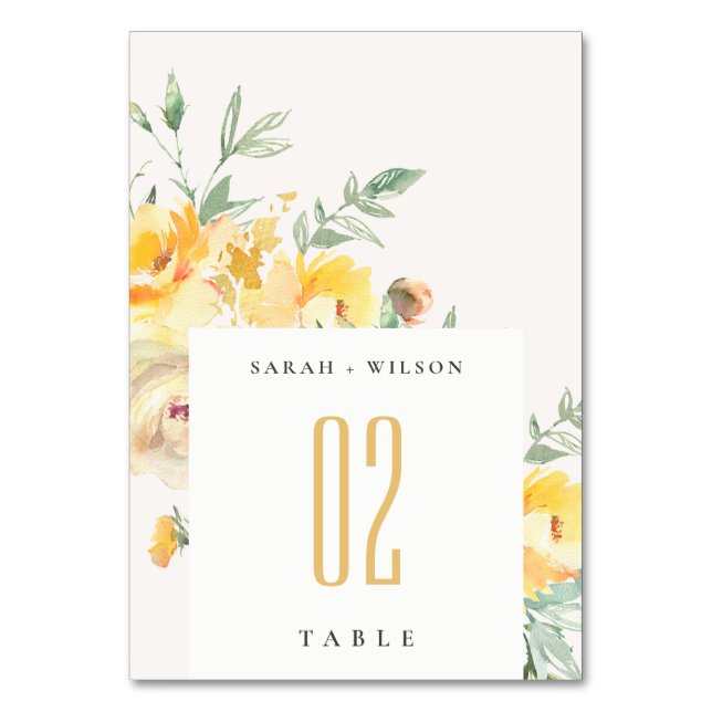 Yellow Green Watercolor Rose Flower Bunch Wedding Table Number (Front)