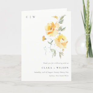 Yellow Green Watercolor Rose Flower Bunch Wedding Thank You Card