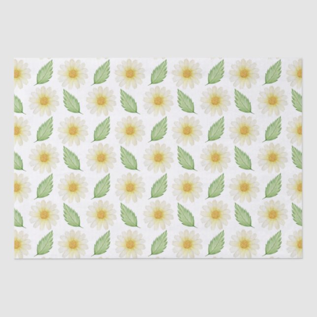 Yellow, Green Watercolor Summer Daisy Pattern Tissue Paper (Front)