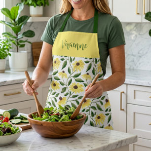 Yellow Green Watercolor Wildflower Custom Name Apron