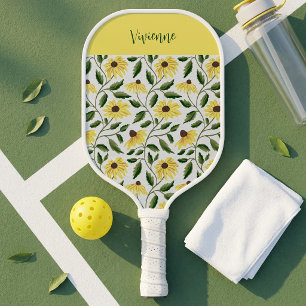 Yellow Green Watercolor Wildflower Custom Name Pickleball Paddle