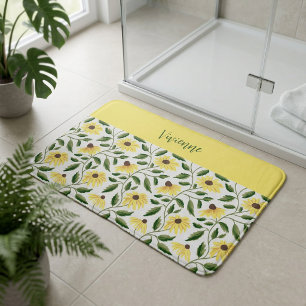 Yellow Green Watercolor Wildflower Monogram Bath Mat