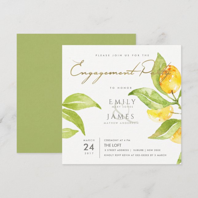YELLOW GREEN WATERCOLOUR FOLIAGE OLIVE ENGAGEMENT INVITATION (Front/Back)