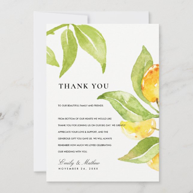 YELLOW GREEN WATERCOLOUR FOLIAGE OLIVE THANK YOU CARD (Front)