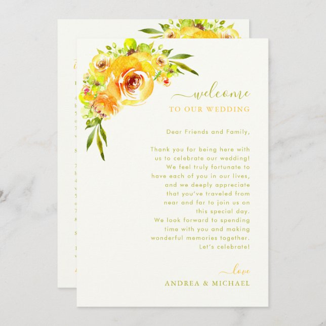 Yellow Green Wedding Welcome Letter Itinerary Card (Front/Back)