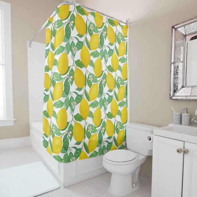 Yellow Green White Lemon Pattern Shower Curtain (In Situ)