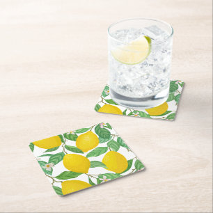Yellow Green White Lemon Pattern Square Paper Coaster