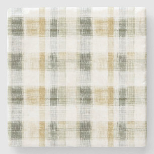 Yellow Green White Plaid Stripes Stone Coaster