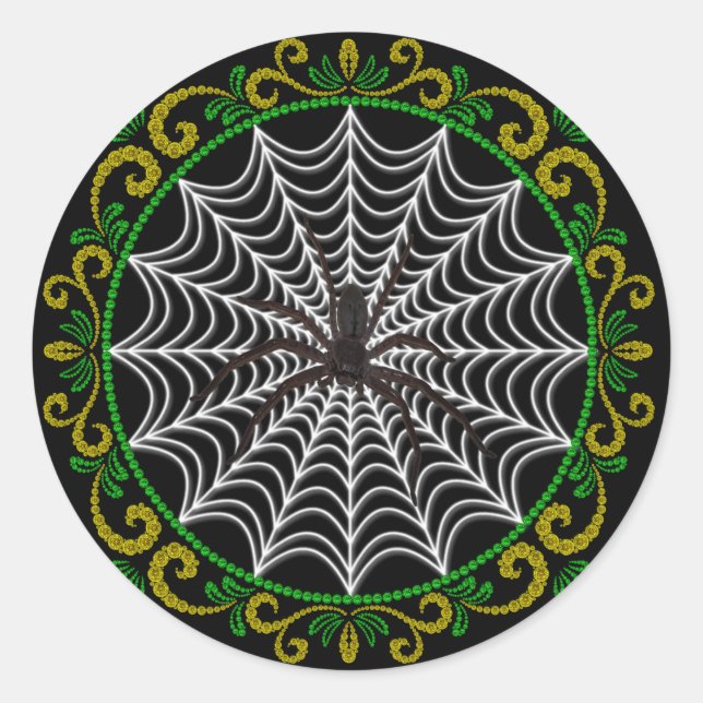 Yellow Green White Spider Web And Black Spider Classic Round Sticker (Front)