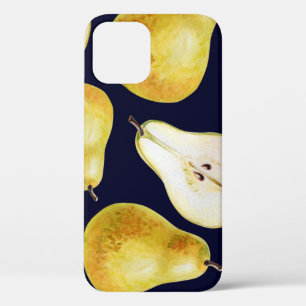 Yellow-green whole ripe pear on a black background iPhone 12 case