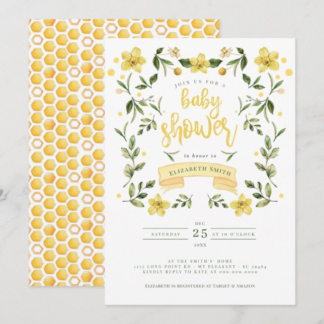 Yellow Greenery Floral Bee Watercolor Invitation (Front/Back)