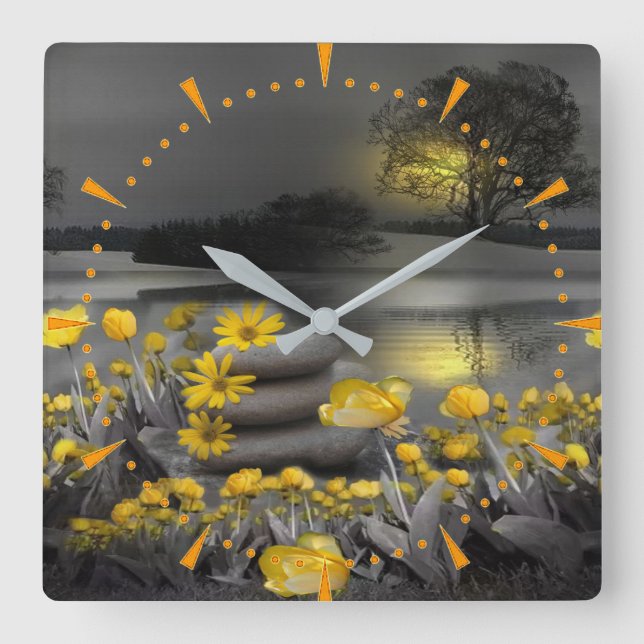 Yellow & Grey 2021 color 'Wedding' Sunset décor Square Wall Clock (Front)