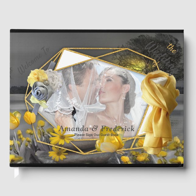 Yellow & Grey 2021 colour 'Wedding' Sunset décor Guest Book (Front)