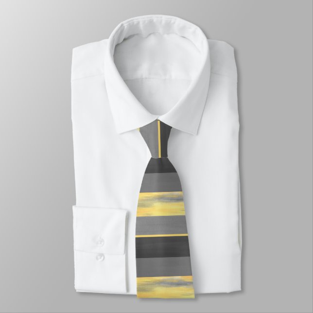 Yellow Grey Abstract Block Stripes Tie (Tied)