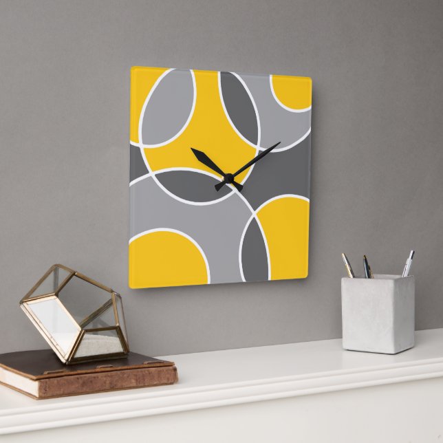 Yellow Grey Abstract Circles  Square Wall Clock (Office)