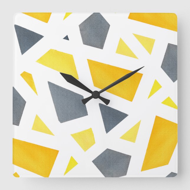 Yellow Grey Abstract Geometric Square Wall Clock (Front)