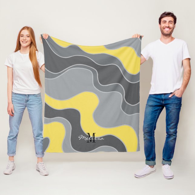 Yellow Grey Abstract Ocean Waves Monogram Fleece Blanket (In Situ)