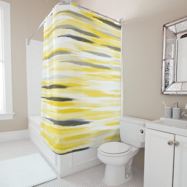 Yellow Grey Abstract Stripes  Shower Curtain (In Situ)