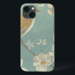Yellow, Grey and Beige Bird Perched on a Branch iPhone 13 Case<br><div class="desc">Chariklia Zarris is known for her abstract art pieces. In this drawing of a profile of a bird on a blue teal background,  she captured the simplicity of the bird. The white flowers add a romantic touch. Customise your favourite Zazzle product using this beautiful image.</div>