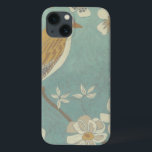 Yellow, Grey and Beige Bird Perched on a Branch iPhone 13 Case<br><div class="desc">Chariklia Zarris is known for her abstract art pieces. In this drawing of a profile of a bird on a blue teal background,  she captured the simplicity of the bird. The white flowers add a romantic touch. Customise your favourite Zazzle product using this beautiful image.</div>