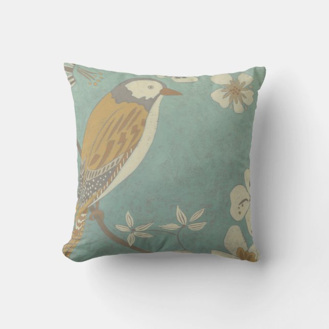 Yellow, Grey and Beige Bird Perched on a Branch Cushion (Front)