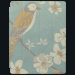 Yellow, Grey and Beige Bird Perched on a Branch iPad Cover<br><div class="desc">Chariklia Zarris is known for her abstract art pieces. In this drawing of a profile of a bird on a blue teal background,  she captured the simplicity of the bird. The white flowers add a romantic touch. Customise your favourite Zazzle product using this beautiful image.</div>