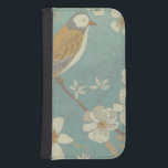 Yellow, Grey and Beige Bird Perched on a Branch Samsung S4 Wallet Case<br><div class="desc">Chariklia Zarris is known for her abstract art pieces. In this drawing of a profile of a bird on a blue teal background,  she captured the simplicity of the bird. The white flowers add a romantic touch. Customise your favourite Zazzle product using this beautiful image.</div>