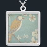 Yellow, Grey and Beige Bird Perched on a Branch Silver Plated Necklace<br><div class="desc">Chariklia Zarris is known for her abstract art pieces. In this drawing of a profile of a bird on a blue teal background,  she captured the simplicity of the bird. The white flowers add a romantic touch. Customise your favourite Zazzle product using this beautiful image.</div>
