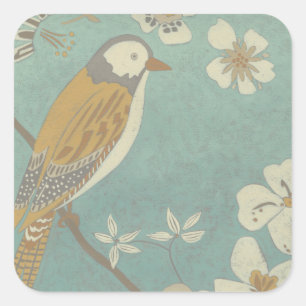 Yellow, Grey and Beige Bird Perched on a Branch Square Sticker