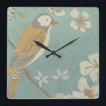 Yellow, Grey and Beige Bird Perched on a Branch Square Wall Clock<br><div class="desc">Chariklia Zarris is known for her abstract art pieces. In this drawing of a profile of a bird on a blue teal background,  she captured the simplicity of the bird. The white flowers add a romantic touch. Customise your favourite Zazzle product using this beautiful image.</div>